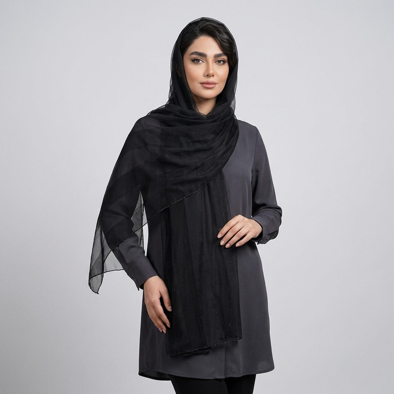 شال زنانه مدل ساده توری دور نقره دوزی مهمانی مجلسی