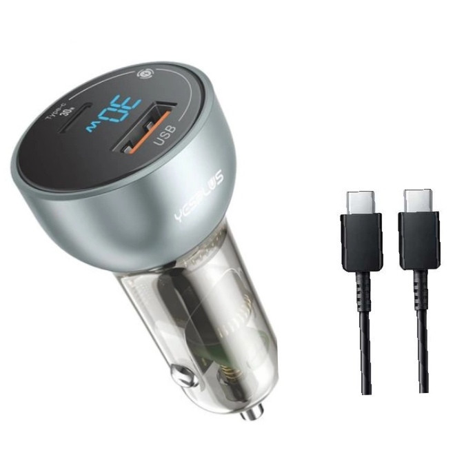 شارژر فندکی 30 وات 2 پورت یس پلاس مدل SUPER FAST 30W به همراه کابل USB-C