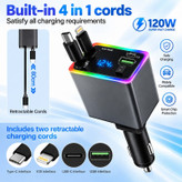 شارژر فندکی 4 پورت 120 وات مدل M37 4IN1، اتصال فندکی، درگاههای خروجی USB-A، USB-C و Lightning، به همراه کابل USB-C و کابل Lightning متصل، توان خروجی کلی 120 وات