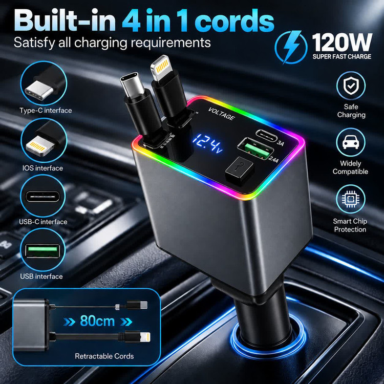 شارژر فندکی 4 پورت 120 وات مدل M37 4IN1، اتصال فندکی، درگاههای خروجی USB-A، USB-C و Lightning، به همراه کابل USB-C و کابل Lightning متصل، توان خروجی کلی 120 وات