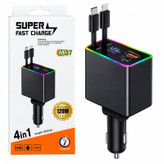 شارژر فندکی 4 پورت 120 وات مدل M37 4IN1، اتصال فندکی، درگاههای خروجی USB-A، USB-C و Lightning، به همراه کابل USB-C و کابل Lightning متصل، توان خروجی کلی 120 وات