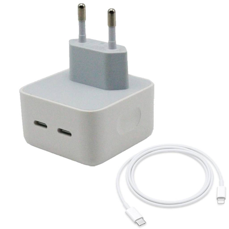 شارژر دیواری 50 وات مدل Dual port USB-C به همراه کابل تبدیل لایتنینگ