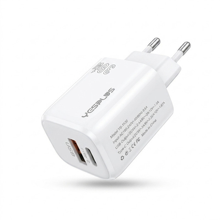 شارژر دیواری 38 وات 2 پورت یس پلاس مدل SUPER FAST CHARGING به همراه کابل تبدیل USB به USB-C
