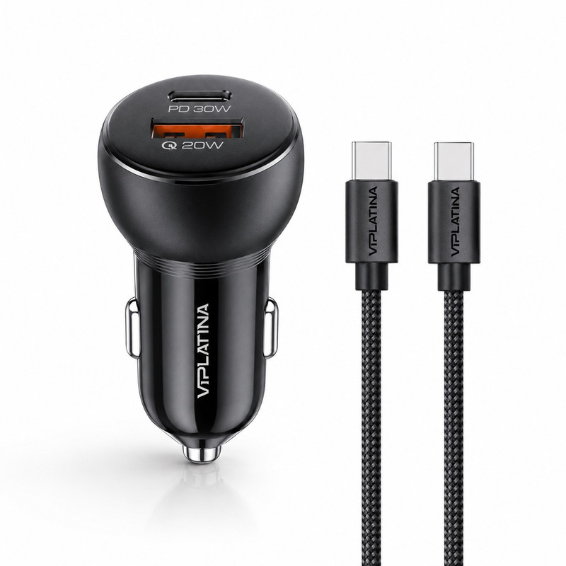 شارژر فندکی 50 وات دو پورت وی آی پلاتینا مدل VK-26C به همراه کابل USB-C