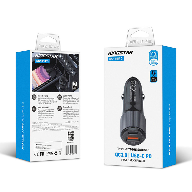 شارژر فندکی 38 وات کینگ استار مدل KC135i PD به همراه کابل USB-C به لایتنینگ