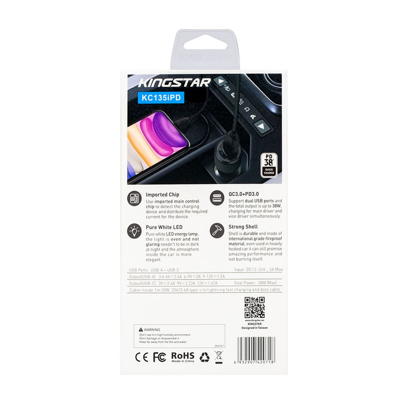 شارژر فندکی 38 وات کینگ استار مدل KC135i PD به همراه کابل USB-C به لایتنینگ