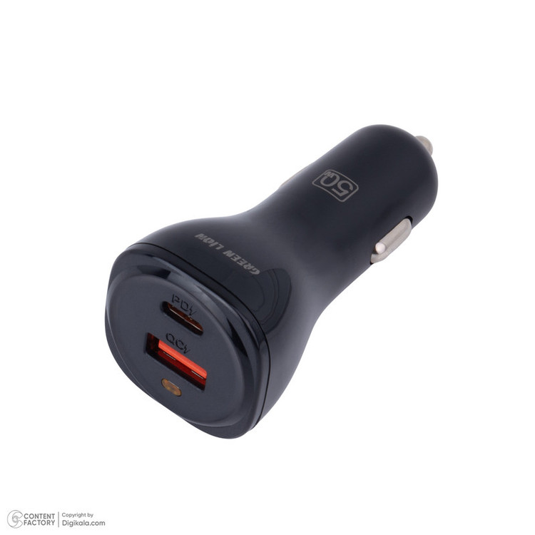 شارژر فندکی 30 وات 2 پورت گرین لاین مدل GNRCC50WBK به همراه کابل USB-C به USB-C به طول 1 متر
