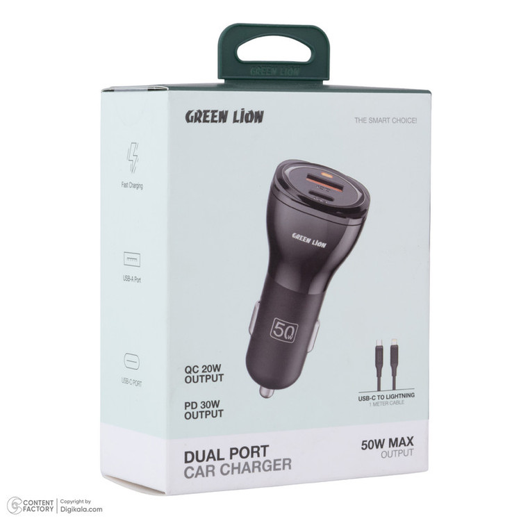 شارژر فندکی 30 وات 2 پورت گرین لاین مدل GNRCC50WBK به همراه کابل USB-C به USB-C به طول 1 متر
