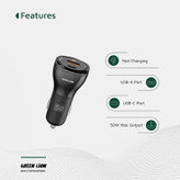 شارژر فندکی 30 وات 2 پورت گرین لاین مدل GNRCC50WBK به همراه کابل USB-C به USB-C به طول 1 متر