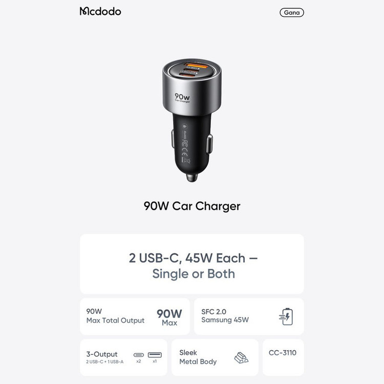 شارژر فندکی 90 وات 3 پورت مک دودو مدل CC-311