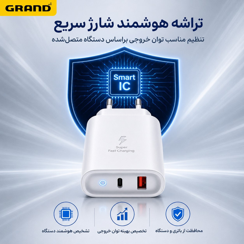 شارژر دیواری 50 وات 3 پورت گرند اسکای مدل GCH-12