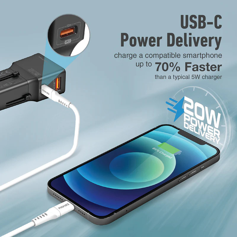 شارژر دیواری 20 وات پرومیت مدل TRIPLUG-PD20.BL