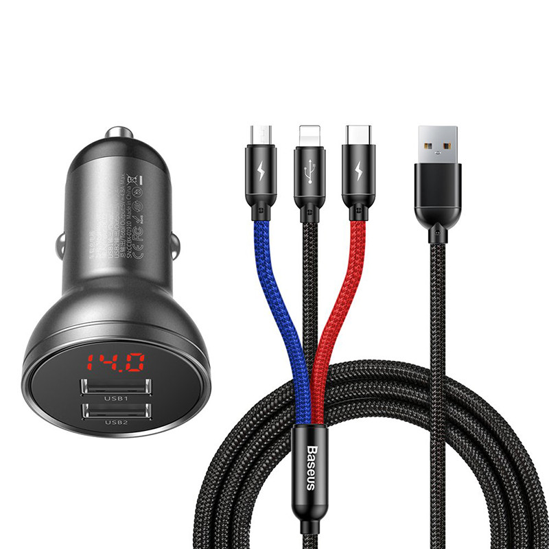 شارژر فندکی باسئوس مدل TZCCBX-0G به همراه کابل تبدیل microUSB/ USB-C / لایتنینگ