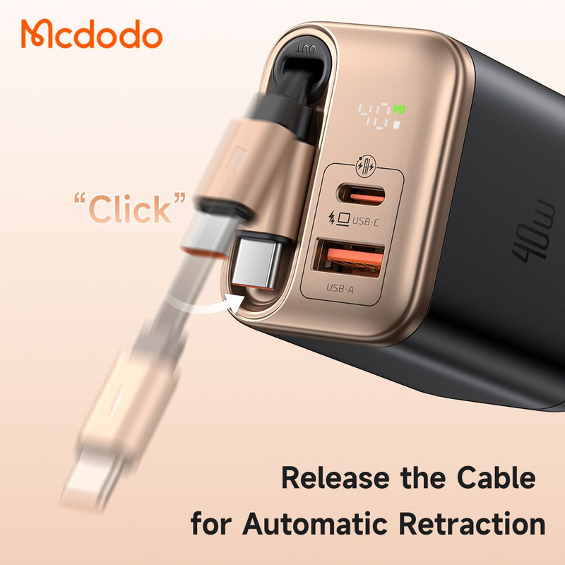 شارژر دیواری 40 وات مک دودو مدل CH-4280 به همراه کابل متصل به بدنه USB-C