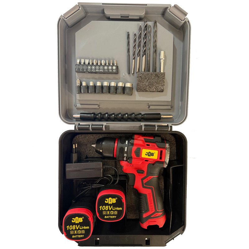 پیچ گوشتی شارژی سه نظام فلزی ۱۰ میلیمتری 108 ولت جاب مدل JB-108 Eco Plus مجموعه 40 عددی