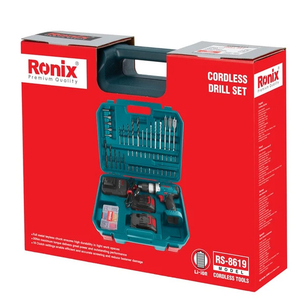 دریل چکشی سه نظام 13 میلیمتری مقاوم 20 ولت رونیکس کد RS-8619 مجموعه 53 عددی