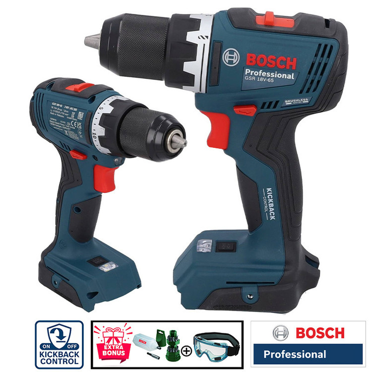 دریل پیچ گوشتی شارژی چکشی 13 میلی متری 18 ولت بوش مدل فوق حرفه ای هوشمند کد GSB 18V-65 Brushless Motor
