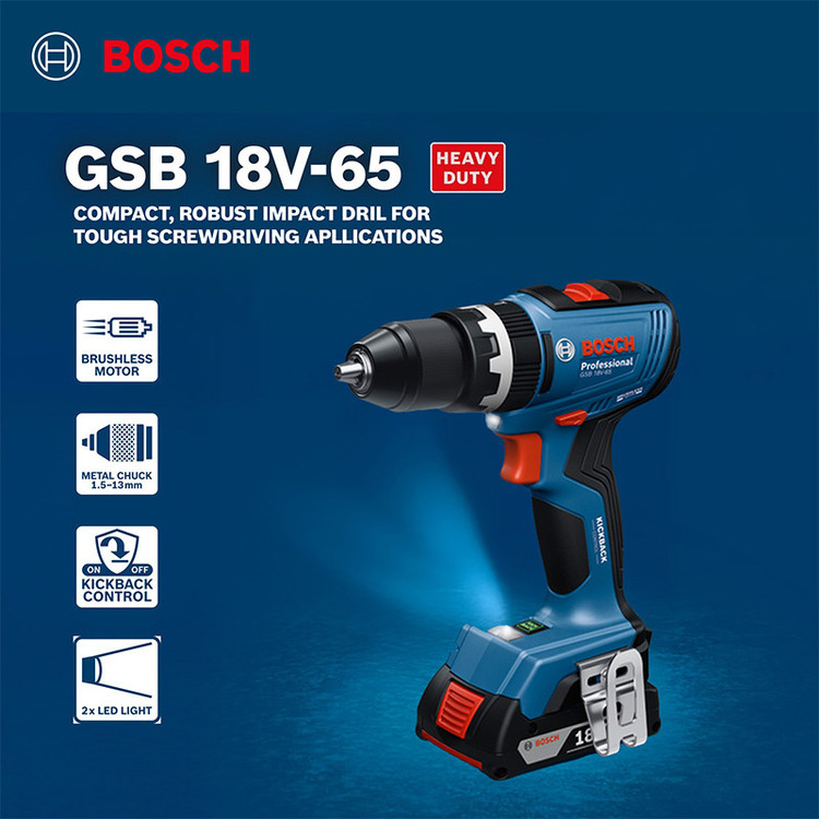 دریل پیچ گوشتی شارژی چکشی 13 میلی متری 18 ولت بوش مدل فوق حرفه ای هوشمند کد GSB 18V-65 Brushless Motor