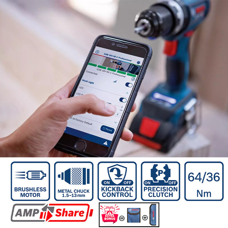 دریل پیچ گوشتی شارژی چکشی بوش مدل فوق هوشمند GSB 18V-90 C 5AH/Brushless Motor