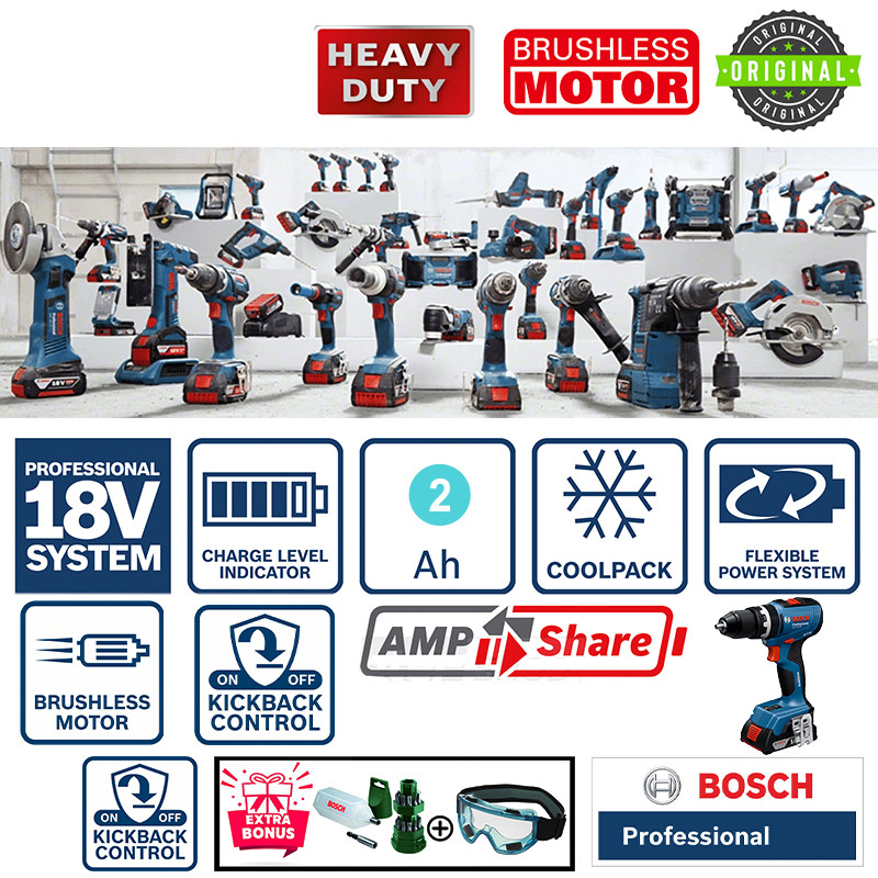 پیچ گوشتی شارژی چکشی 13 میلی متری 18 ولت بوش مدل هوشمند کد GSB 18 V-65 Brushless Motor