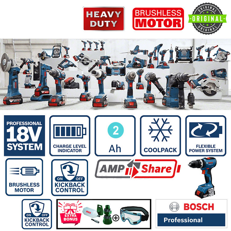 دریل پیچ گوشتی شارژی چکشی 13 میلی متری 18 ولت بوش مدل GSB 18 V 65 / EC Motor (2 AH)