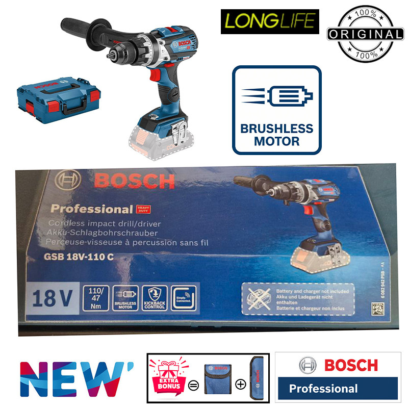 دریل پیچ گوشتی شارژی چکشی 18 ولت بوش مدل ( GSB 18V-110 C Brushless ( Without battery and charger