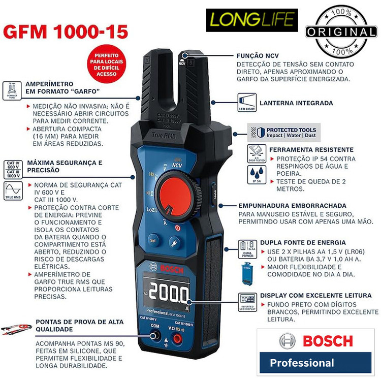 مولتی متر کلمپی دیجیتال 200 آمپر بوش مدل GFM 1000-15 کد 0601077400