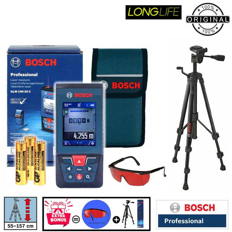 متر لیزری بوش مدل فوق حرفه ای دوربین دار GLM 100-25 C professional + BT150 + Red Glass Laser برد 100 متر