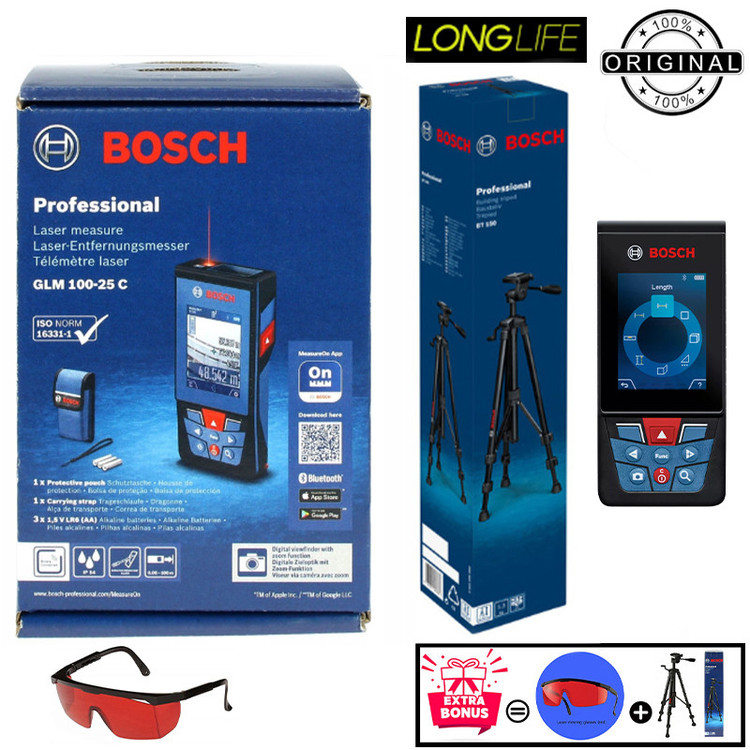 متر لیزری بوش مدل دوربین دار GLM 100-25 C Professional + BT150 + Red Glass Laser برد 100 متر