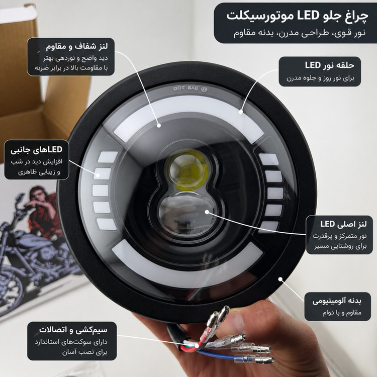 چراغ جلو موتور سیکلت دیلایت و راهنما دار مدل LED LENS