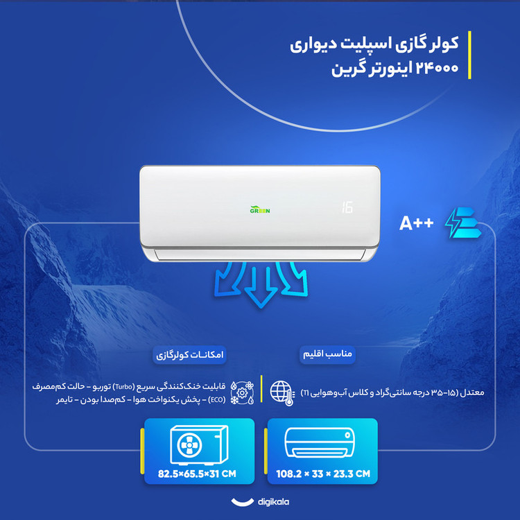 کولر گازی اسپلیت دیواری 24000 اینورتر گرین مدل SDK-CH24F1C1A2P