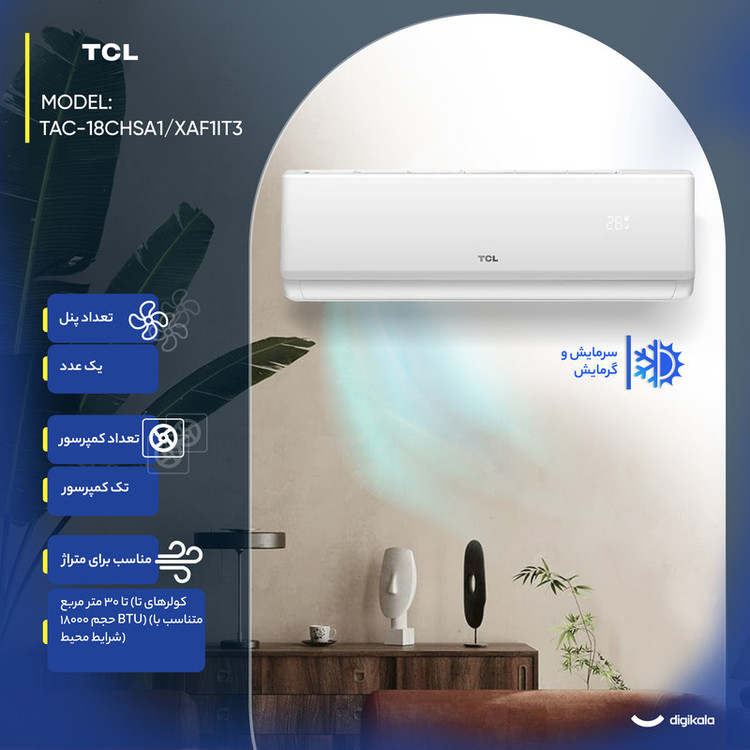 کولر گازی اسپلیت دیواری 18000 اینورتر تی سی ال مدل TAC-18CHSA1/XAF1IT3