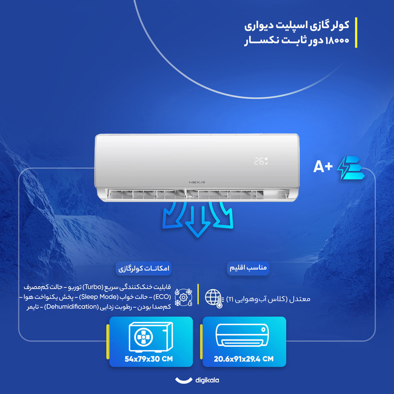 کولر گازی اسپلیت دیواری 18000 دور ثابت نکسار مدل TF18ELN1