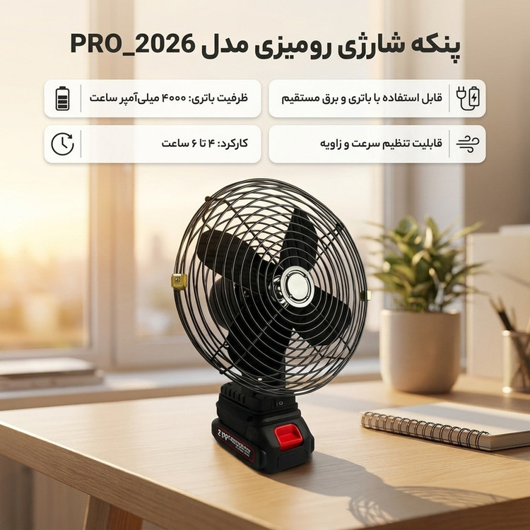 پنکه شارژی رومیزی مدل PRO_2026 ظرفیت 4000 میلی آمپر ساعت