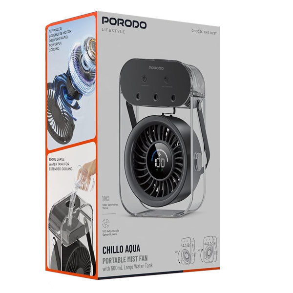 پنکه شارژی رومیزی پرودو مدل PDLFSTZH26BK Aqua ظرفیت 4000 میلی آمپر ساعت