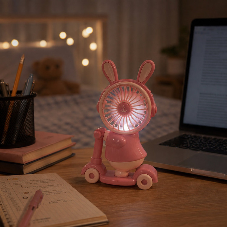 پنکه رومیزی شارژی مدل خرگوش اسکوتری با مداد تراش چراغ دار کد Bunny Ride USB