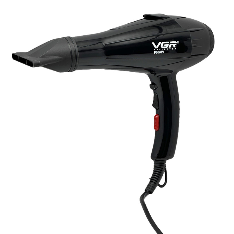 سشوار حرفه‌ای وی جی ار مدل V-350 با توان 9000 وات، موتور AC، تنظیم دما و سرعت در دو حالت، سری صاف‌کننده، وزن 650 گرم، همراه با متمرکزکننده باریک