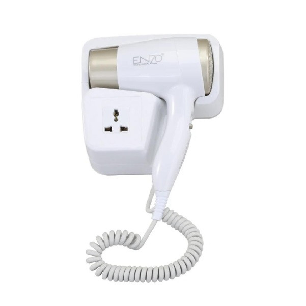 سشوار دیواری کلاهی انزو پروفیشینال مدل EN-6622 با توان 1500 وات، موتور DC، تنظیم دما و سرعت در 2 حالت، قابلیت صاف‌کردن و حجم‌دهی مو، مناسب استفاده هتلی، همراه با استند نگهدارنده
