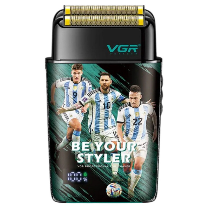 ماشین اصلاح موی صورت شارژی وی جی ار مدل V-309 با تیغه استیل ضدزنگ، طراحی ارگونومیک، باتری 1200 میلی‌آمپر ساعت، زمان استفاده 120 دقیقه، مقاوم در برابر آب با استاندارد IPX6، همراه با سری یدک، برس تمیزکننده و کابل شارژ USB