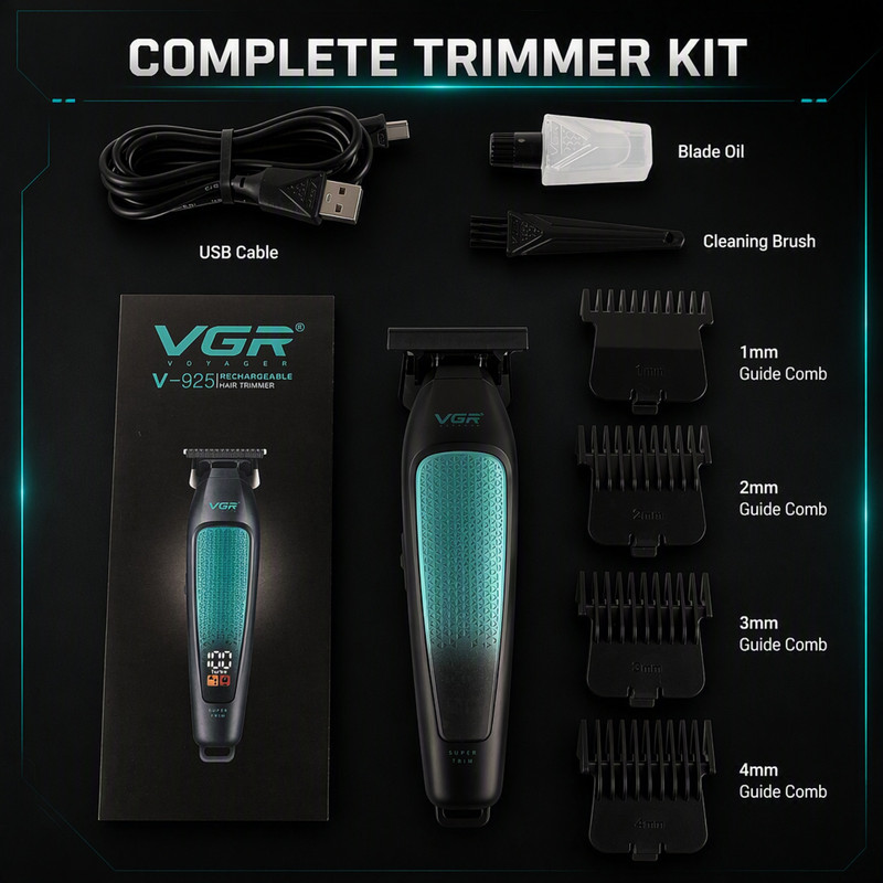 ماشین اصلاح موی سر و صورت شارژی وی جی ار مدل V-925 وزن 180 گرم با باتری قابل شارژ و تیغه استیل ضد زنگ