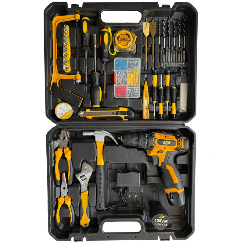 دریل پیچ گوشتی چکشی شارژی سه نظام 10 میلیمتر 128 ولت جاب مدل JB-128 VFX مجموعه 199 عددی